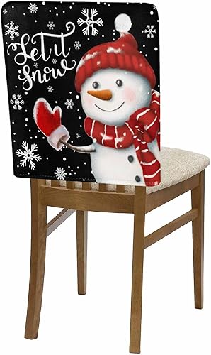 Miniatura 7 de Juego de 4 fundas para sillas de Navidad, diseño de muñeco de nieve negro, para comedor, diseño de copo de nieve de invierno, fundas clásicas negras