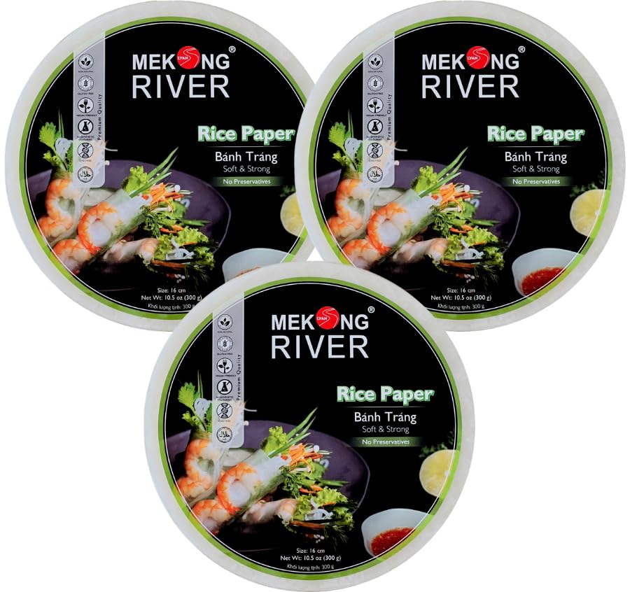 Lyan Mekong River Banh Trang Vietnamese Rice Paper Round, 16cm - 300g - Pack of 3 | Gluten-Free | Vegan | Halal | 100% Natural Rice Paper