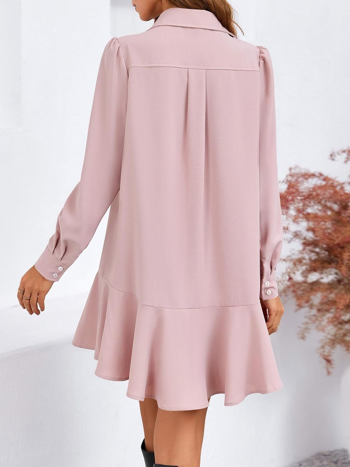 Fisoew Womens Casual Button Down Shirt Dress Long Sleeve Collared Pleated Swing Mini Dresses - Image 3