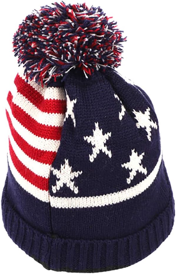 PENINSULA LOVE Adult American Flag Cuffed Beanie Hat Cable Knitted Warm Winter Beanie Thermal Slouchy Hat with Pompom - Image 6