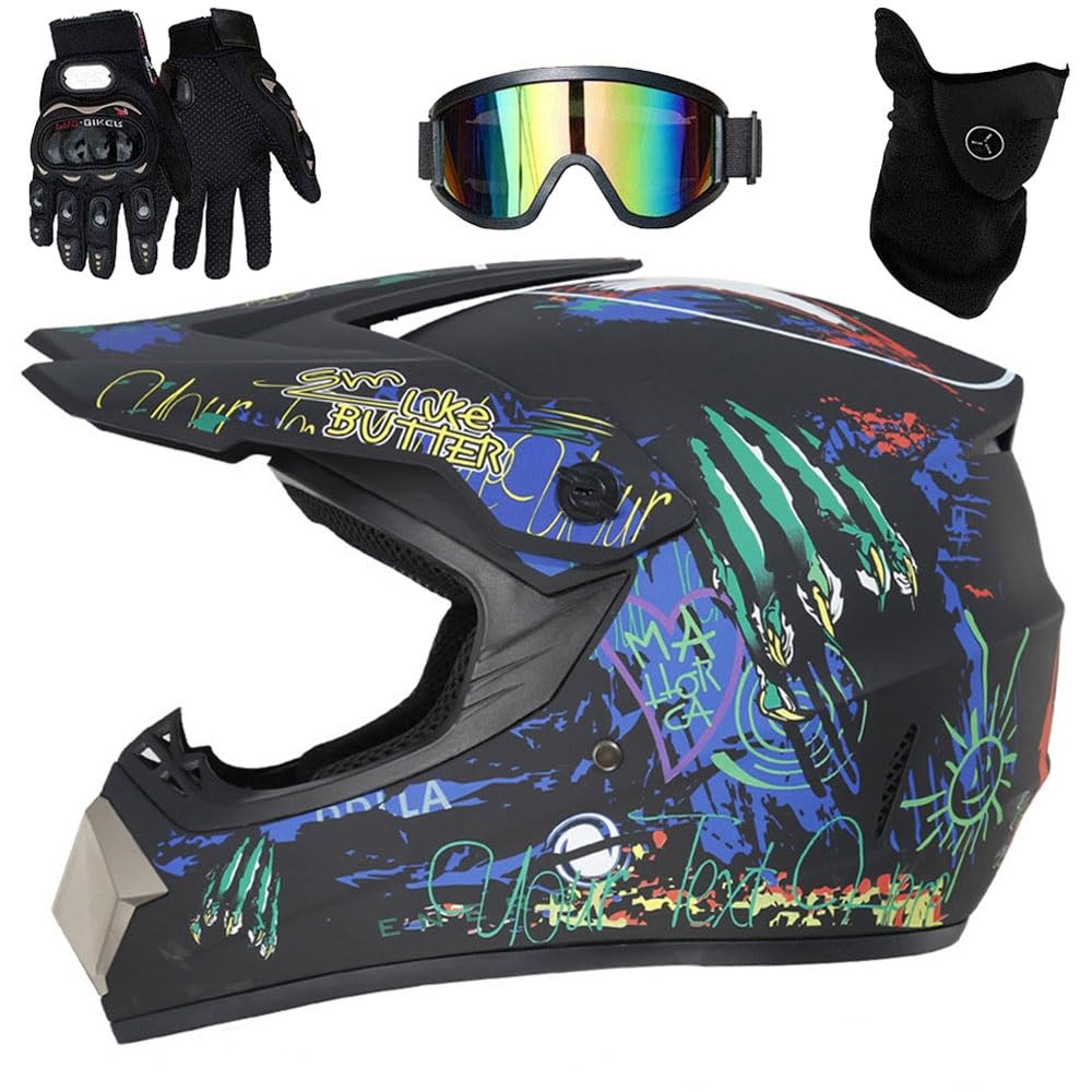 9-14 Ans Unisexe Visage Intégral Casque Motocross, Approuvé par Le Dot, avec Lunettes Gants Masque, Jeunesse Enfants Hors Route Moto Karting Accident Casque