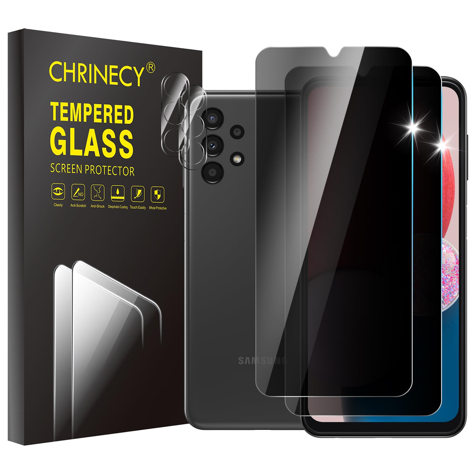 CHRINECY [4 Pack] 2 Pack Privacy Screen Protector for Samsung Galaxy A13 with 2 Pack Camera Lens Protector, Double Protection Tempered Glass Film, 9H Hardness, Anti Spy Anti Peeping