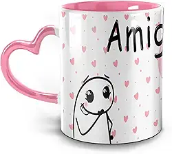 Caneca de Cerâmica Decorativa Amiga, Você é Meu Mundo, Tão Querida, 300 ml, Branca e Rosa