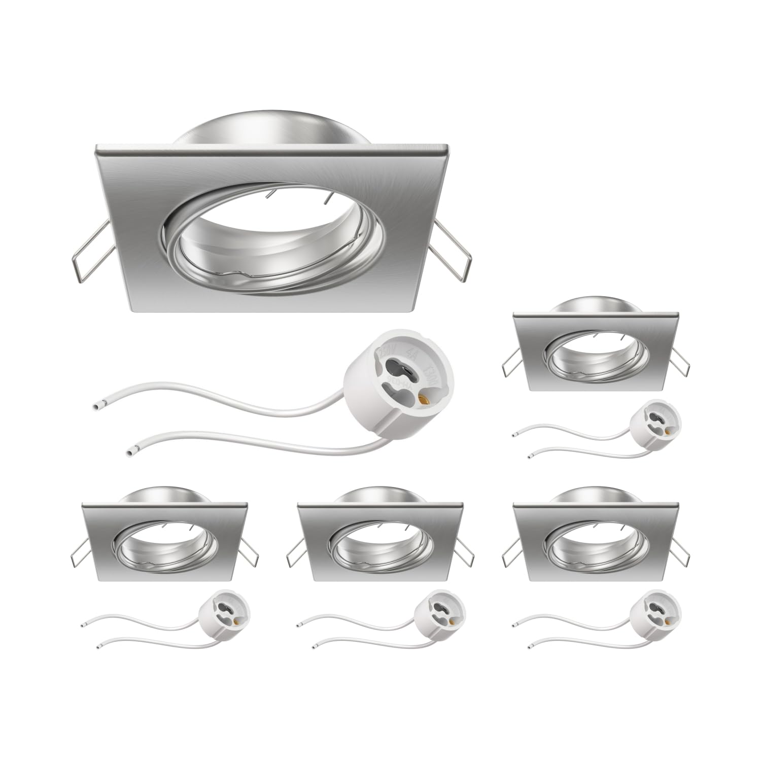 ledscom.de 5 Stück Deckeneinbaurahmen RIR Einbaurahmen chrom matt eckig schwenkbar (LED/Halogen/GU10/MR16/PAR16/50mm) inkl. GU10 Fassung