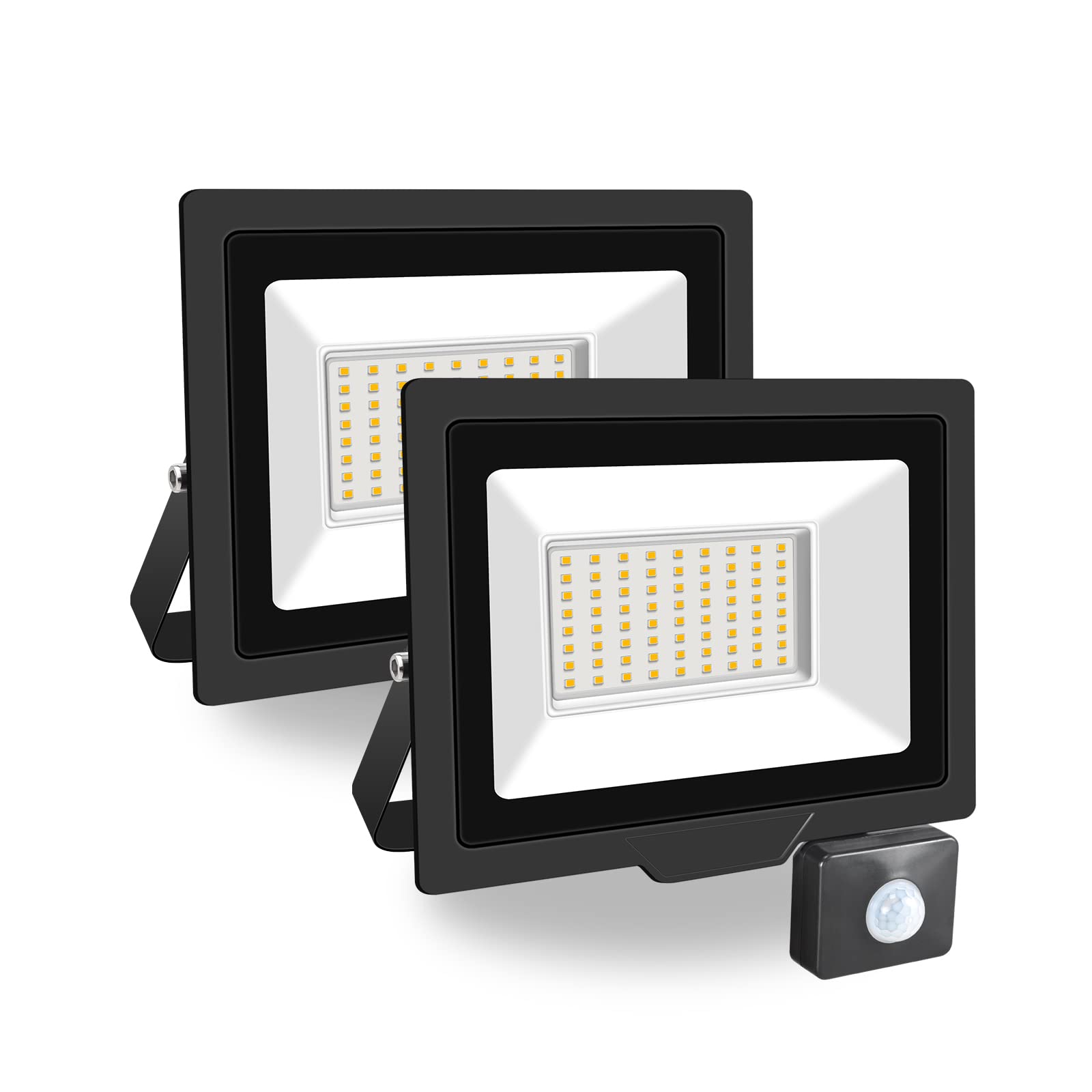 PICAA 2PCS 50W LED Flood Lights Outdoor, Super Bright Security Lights with Motion Sensor,Waterproof Floodlight, Warm White (3500K) Wall Light, for Garden, Yard, Garage, Patio,Warehouse, Parking Lot