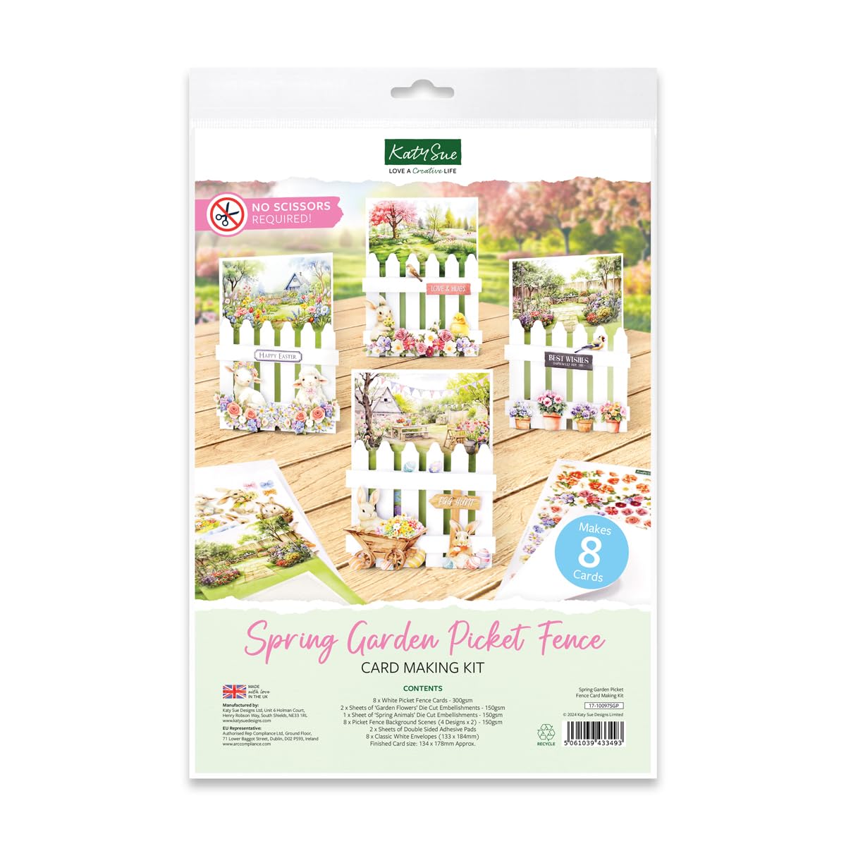 Katy Sue Spring Garden Picket Fence Card Making Kit. Contains 8 Shaped Cards, 3 Sheets of Die-Cut Decoupage, Adhesive Foam Pads, Background Scenes, Instructions & 8 Envelopes for Card Making Supplies