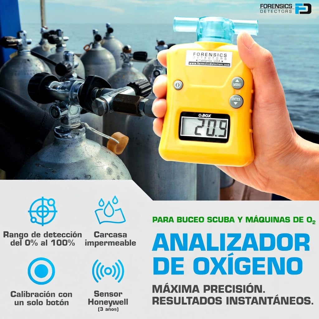 Analizador de Oxígeno (O2) | 0–100% con Resolución de 0,1% | Buceo, Nitrox y Submarinismo | Carcasa Resistente al Agua | FD-O2BOX
