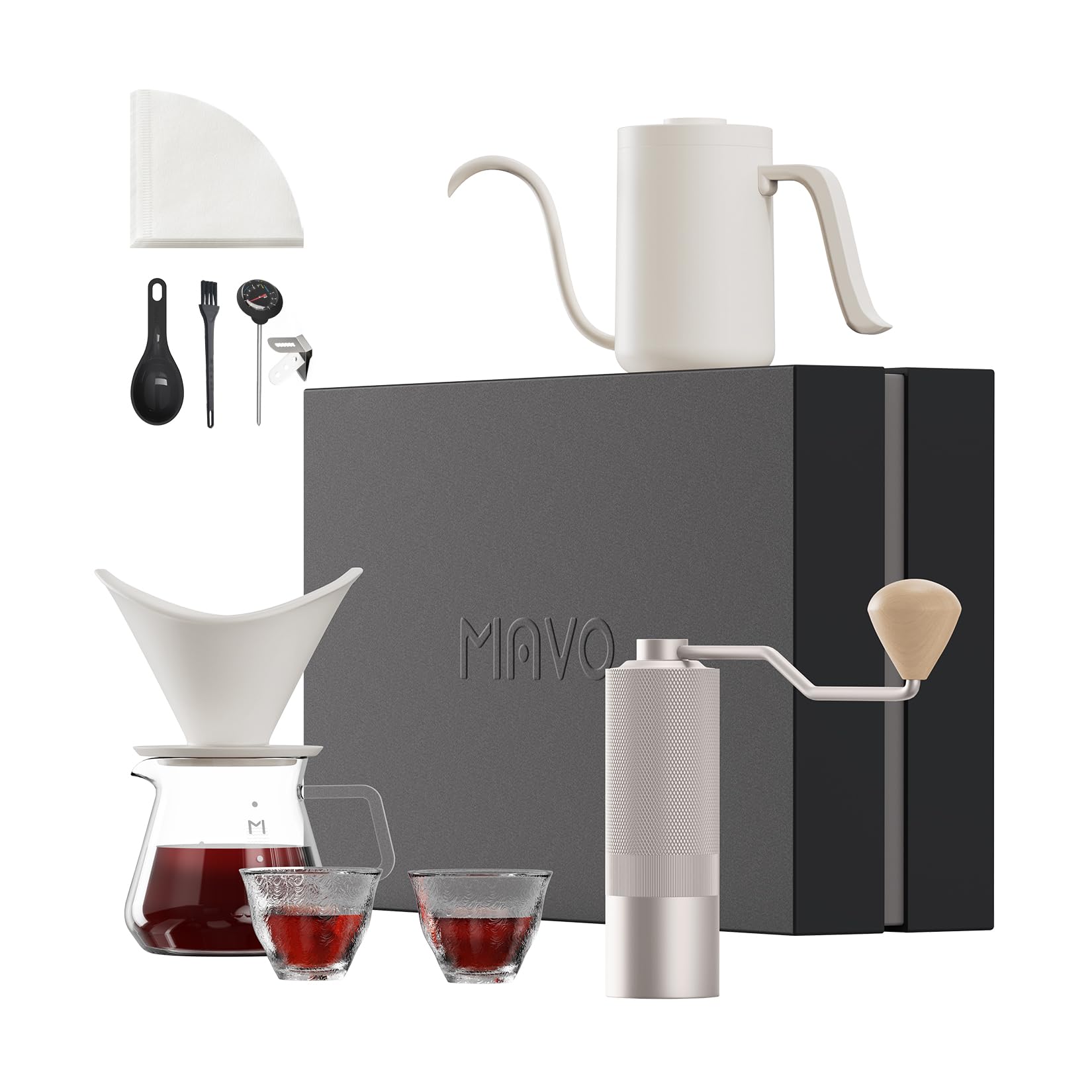 MAVO Pour Over Coffee Maker Set, 12 in 1 Set Box, Manual Coffee Grinder, Pour Over Kettle, Ceramic Pour Over Dripper with Tray, Glass Servers, Coffee Cup, Paper Coffee Filter, White