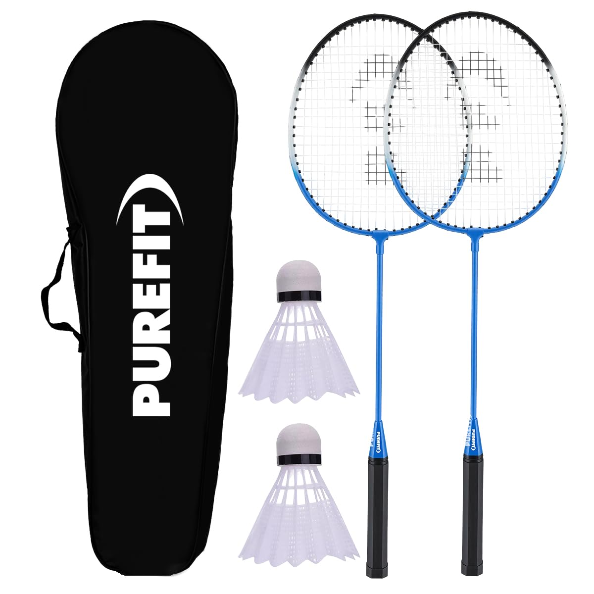 PUREFIT Badminton Set 2 Player with 2x Rackets, 2x Shuttlecocks & 1x Carry Bag - Tempered Steel Racquets Set - Outdoor Garden Beach Sports Set - Lightweight & Durable Portable Badminton Rackets