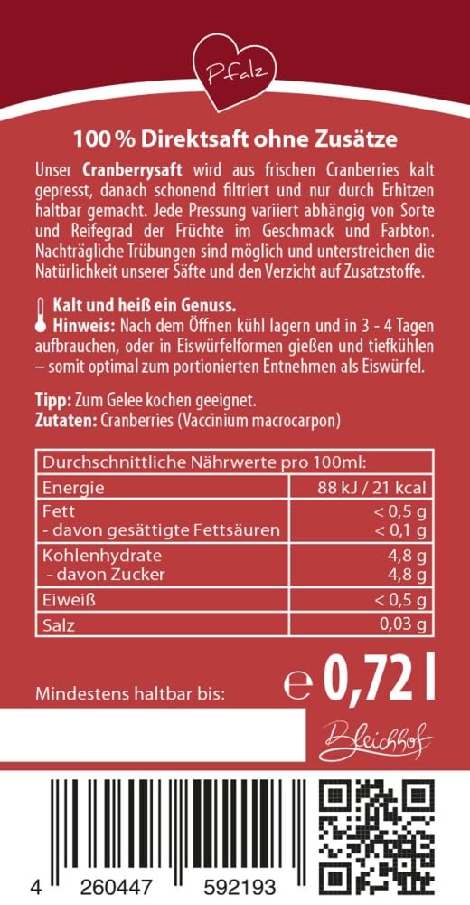 BLEICHHOF® Cranberrysaft - Direktsaft, vegan (12x0,72L)