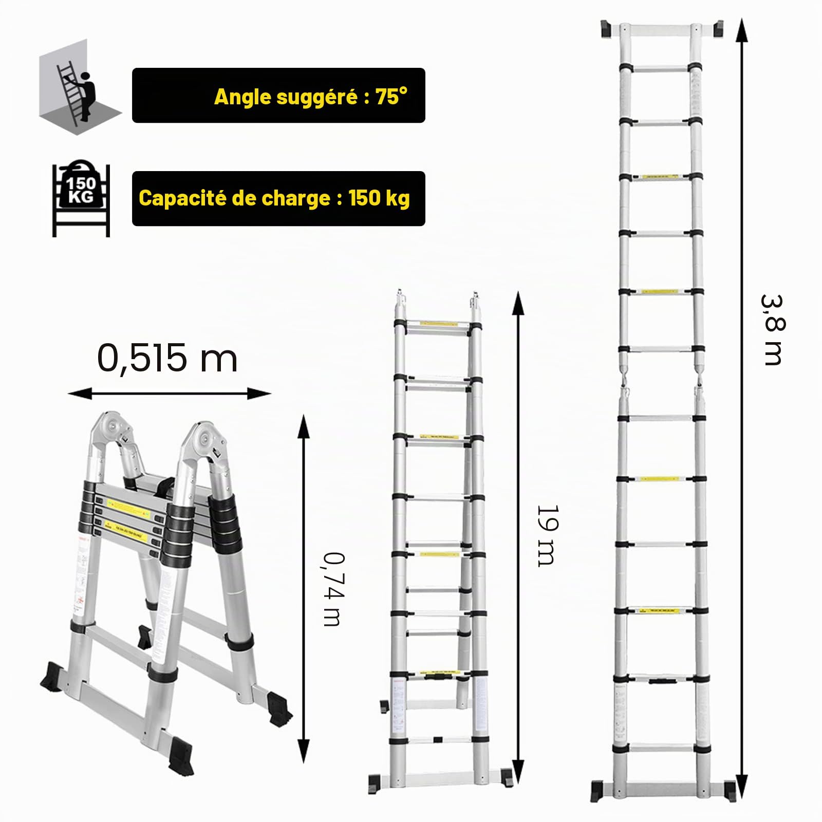 Échelle télescopique en aluminium - 3,8 m - Extensible - Pour escaliers télescopiques - Flexible YXXYSSTL05 Argenté