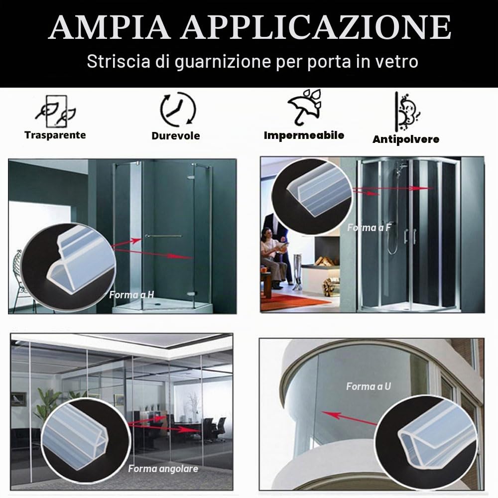 SKYPRO Confezione da 2 strisce sigillanti in silicone trasparenti, 2 m, per porte e finestre di vetro, 6 mm