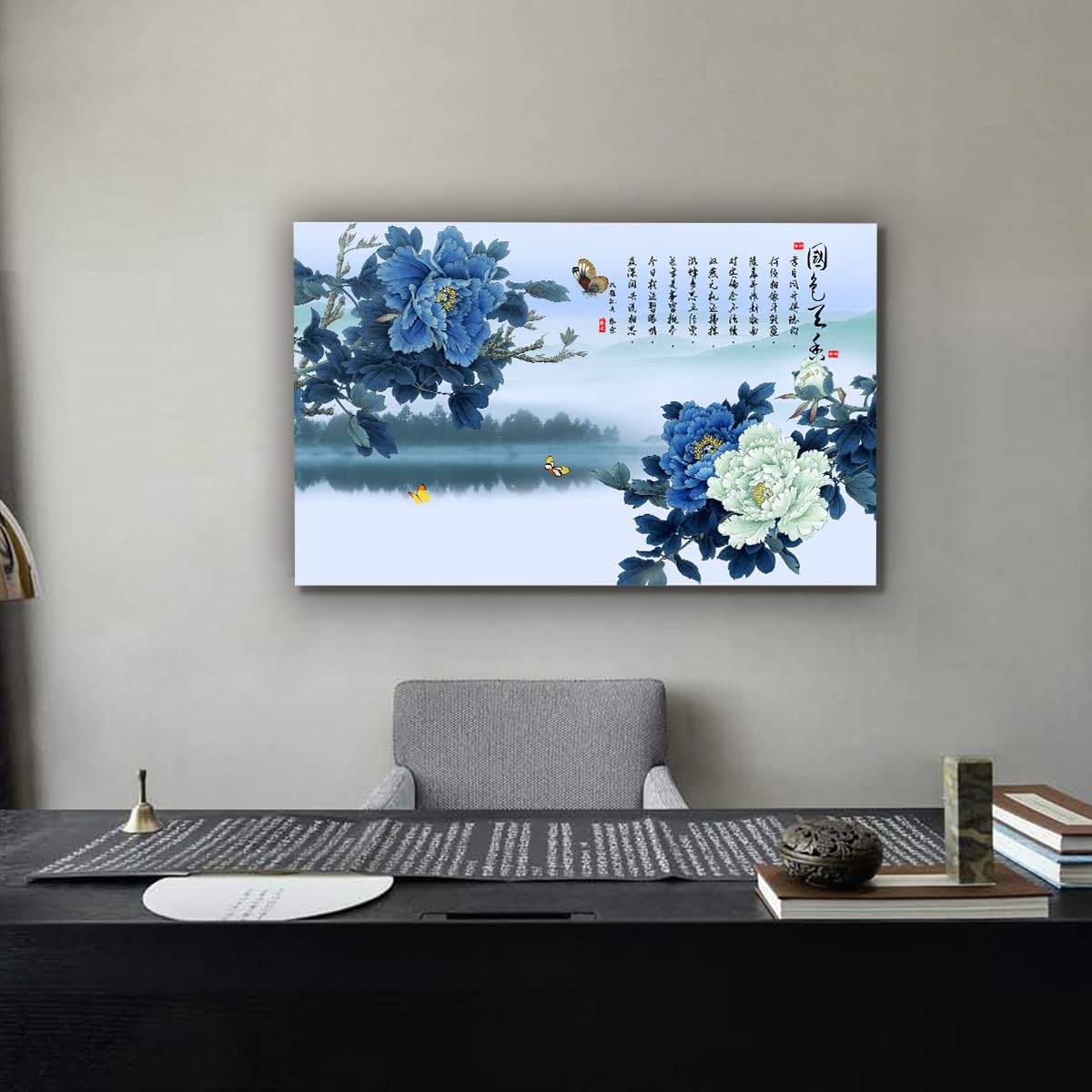 Niebieski i biały piwonia obraz ścienny na płótnie eleganckie chińskie kwiaty wydruki plakat do domu biuro salon dekoracja wewnętrzna rama 55x100cm