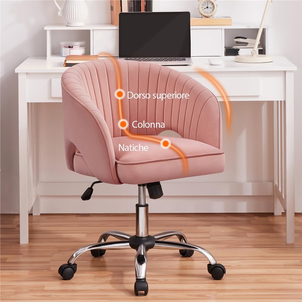 Yaheetech Poltroncina/Sedia da Ufficio Scrivania Ergonomica in Velluto Imbottita a Rotelle Girevole Reclinabile Altezza Regolabile Rosa