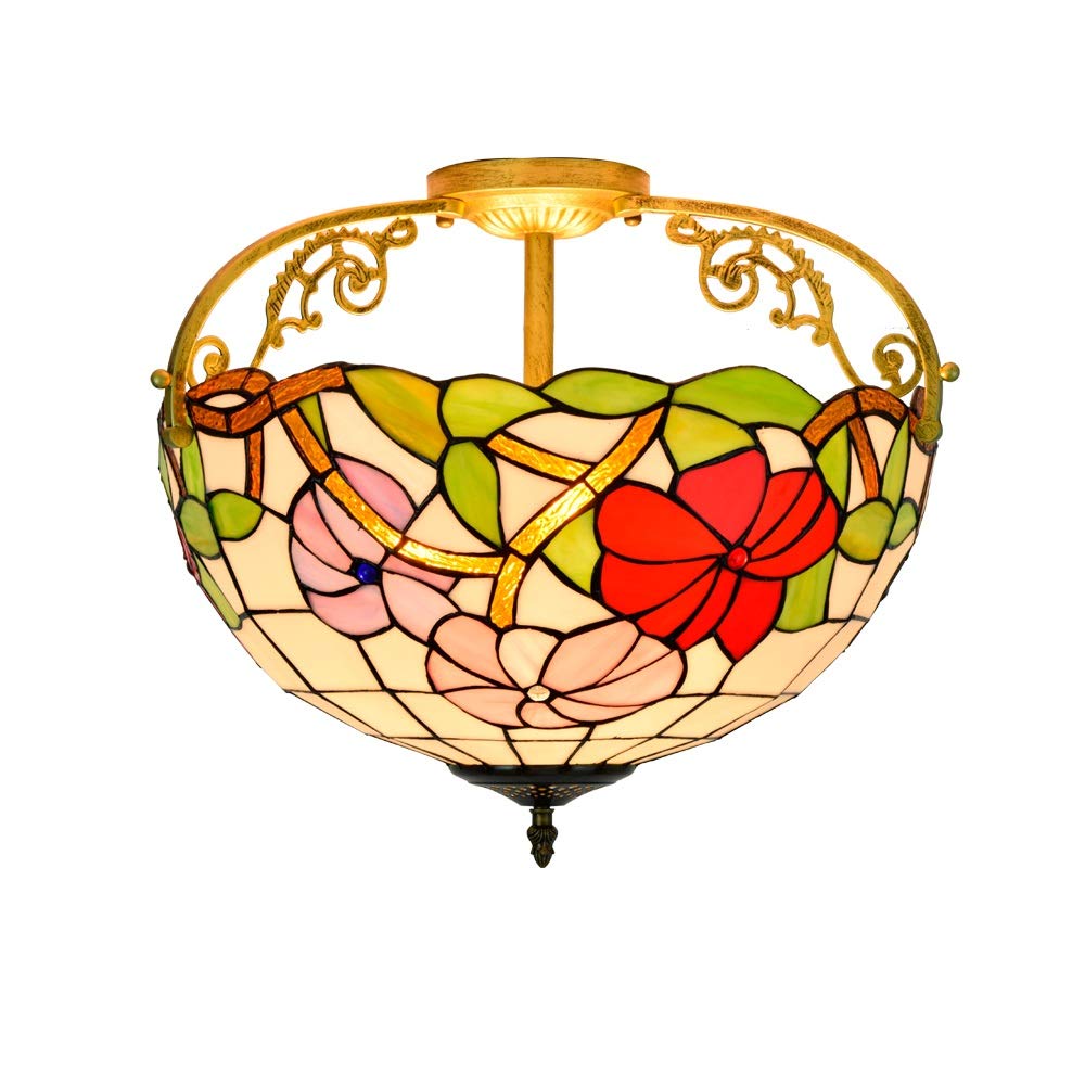 Plafonnier en vitrail Tiffany 40cm, l'esprit d'antan et poésie florale au salon