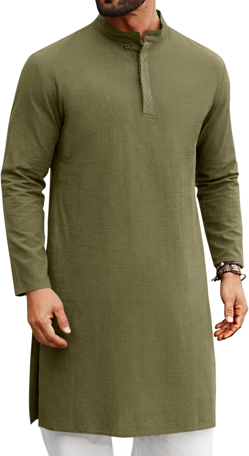 Runcati Mens Kaftan Thobe Long Sleeve Casual Henley Shirts Button Down Kurta Cotton Linen Muslim Gown Robe