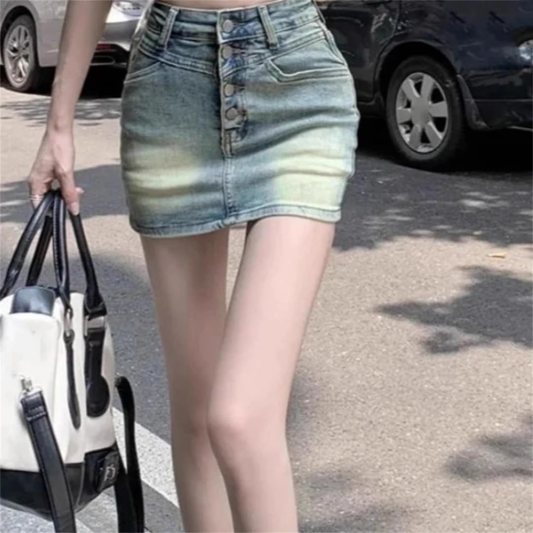Gonna in denim da donna, a vita alta, linea A, mini sopra il ginocchio, slim fit, in denim