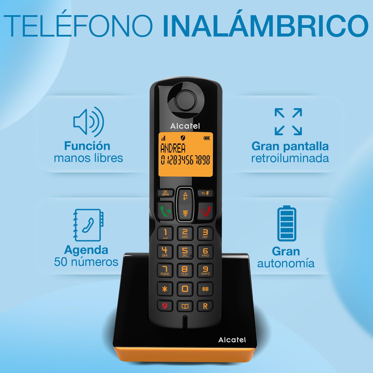 ALCATEL S280 - Teléfono inalámbrico DECT - Diseño Compacto - Pantalla Grande retroiluminada - Manos Libres - Bloqueo de Llamadas - Agenda 50 contactos - Negro/Naranja — view 2