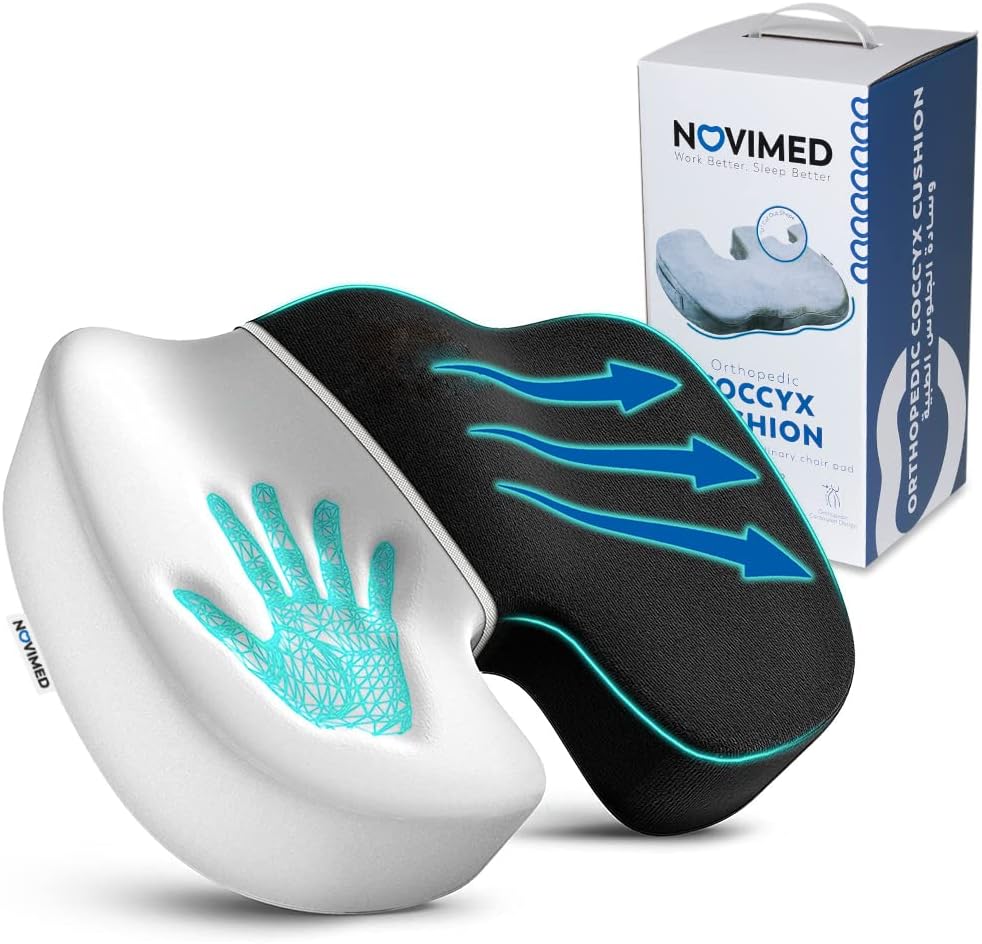 NOVIMEDCoccyx Medical Orthopedic Memory Foam Seat Cushion With ANTI-SLIP Bottom For Sciatica,Low Back Pain,Herniated Disc,For Chairs,Travel Accessories-Gives Relief From Tailbone Pain