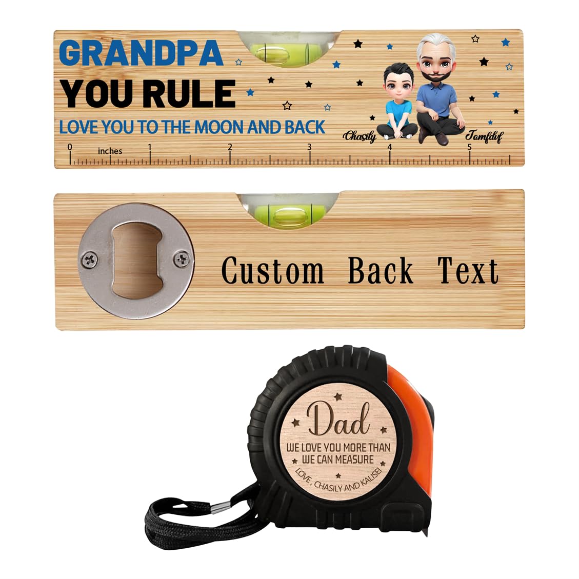 Grandpa You Rule Love You to The Moon and Back Personalized Fathers Day Wooden Spirit Level Bottle Opener Custom Engraved Tape Measure for Dad Family