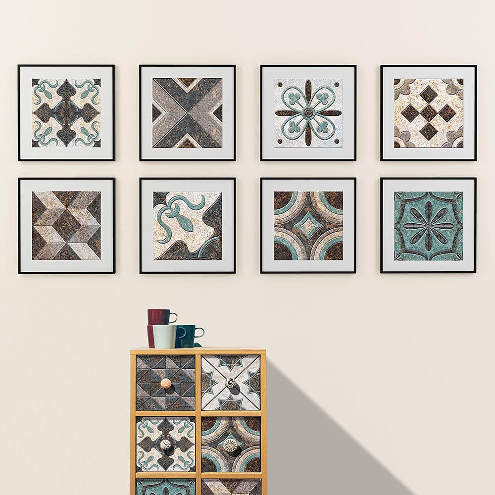 Tile Stickers Moroccan Brown Print Stick on Tiles PVC for Kitchen Heat Resistant Bathroom Waterproof Self Adhesive Walls Peel and Wallpaper 20x20cm
