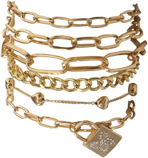 Branets Women Heart Bracelets Set Gold Lock with Rhinestone Bracelet Butterfly Adjustable Chunky Flat Cable Chain Punk Bangels for Women and Girls (6 pcs)