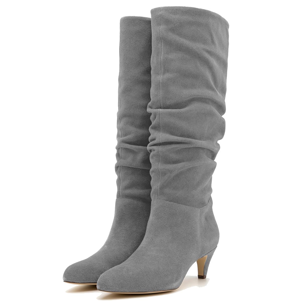 LEHOOR Women Low Kitten Heel Knee High Boots Pointed Toe Suede Slouch Dress Boots Pull On Short Heel