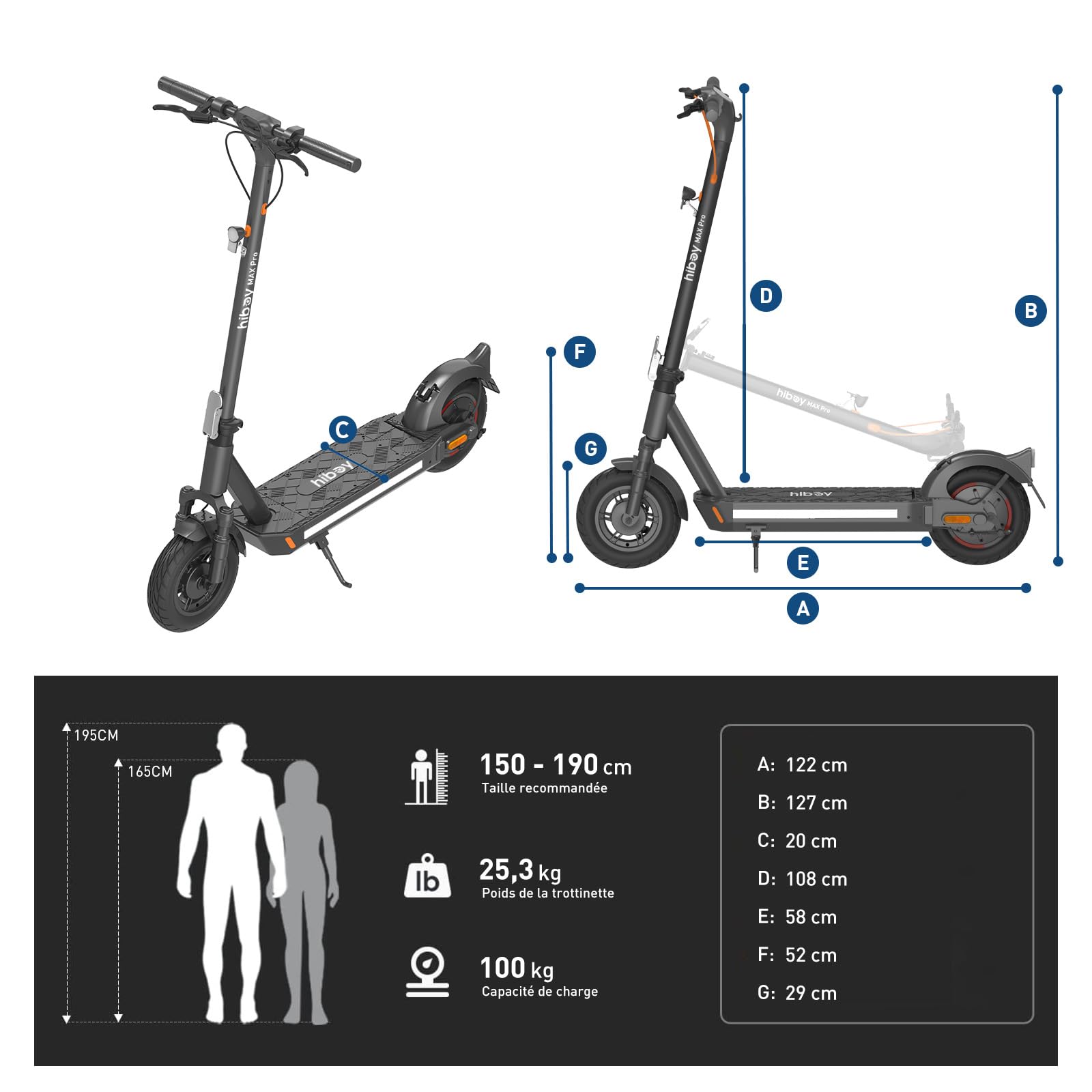 Hiboy Max Pro Trottinette Électrique Adulte, Moteur Bosch 500W (Pic 700W), Autonomie Jusqu'à 75KM, Batterie 48V 14.5Ah, Pneus Gonflables 11", Double Suspension et Système de Freinage, Vitesse 25KM/H