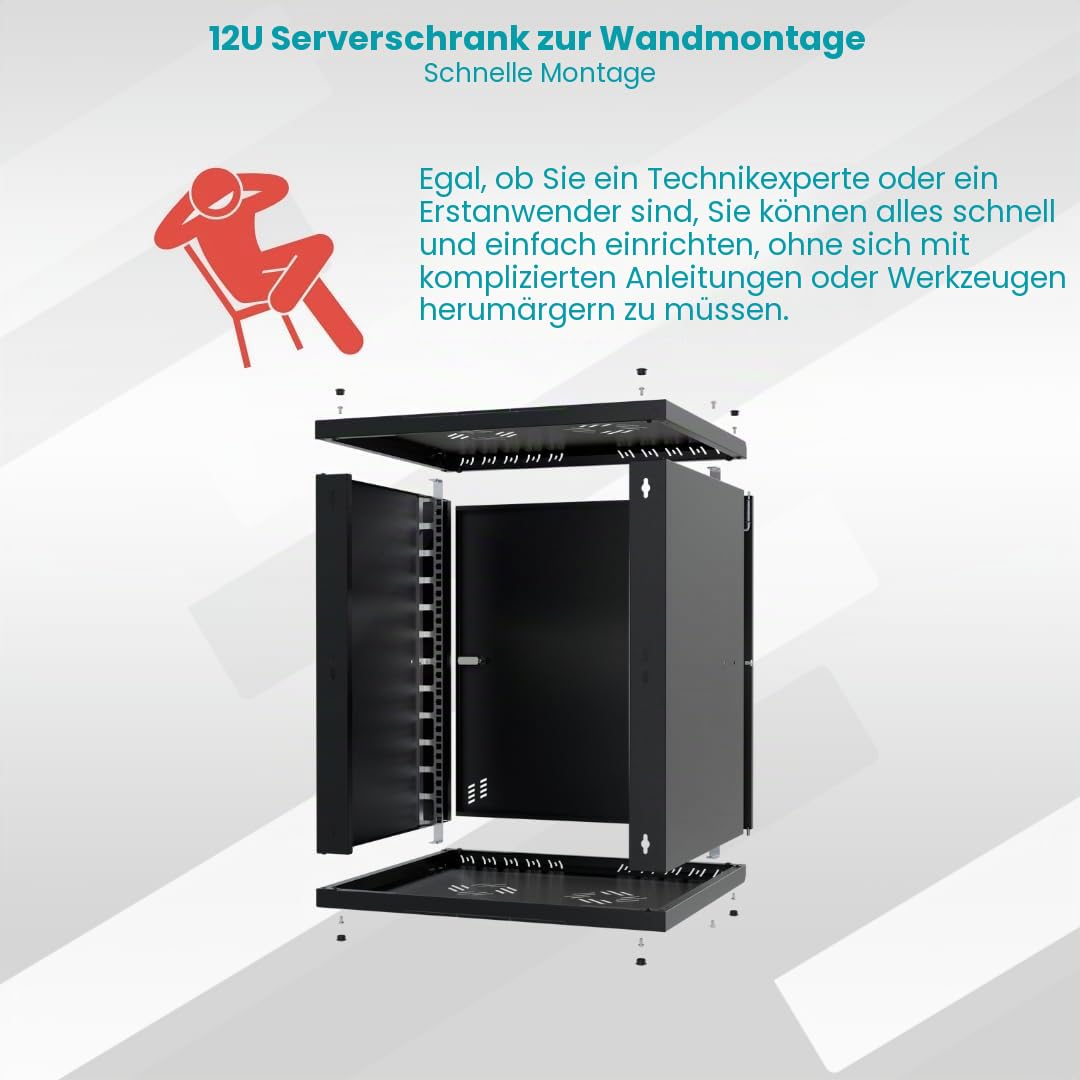 Netzwerkschrank 19 Zoll - Serverschrank 12HE - Server Rack für Wandmontage - Traglast 55kg - 450mm Tiefe - Serverschrank 19 Zoll zum Serverraum, Büro - Schwarz