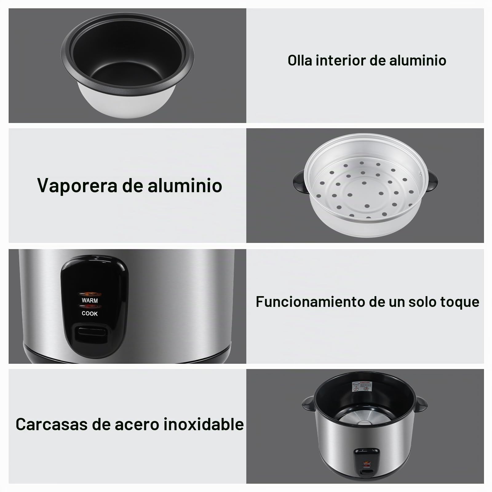 Arrocera 700W. Capacidad 1.8L, Revestimiento antiadherente. Función de cocción y mantenimiento del calor, Accesorio cocción al vapor | Función de cocción al vapor, función de mantenimiento del calor, incluye olla interior, tapa, vaso medidor y cuchara de