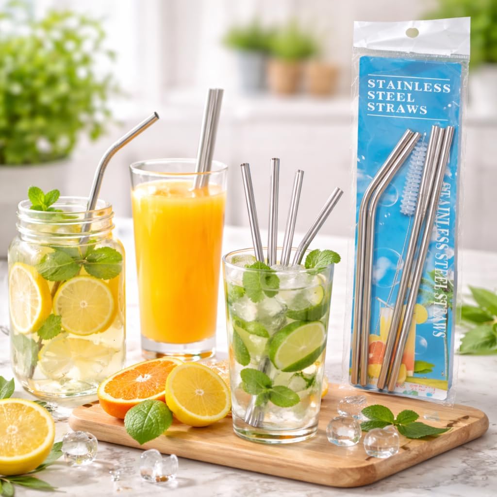 Stainless Steel Straw Set of 4| Reusable Metal Drinking Straws with Cleaning Brush | Food Grade Rust Resistant & Dishwasher Safe | Straight & Bent Straws for Juice, Cocktails & Travel-image-4