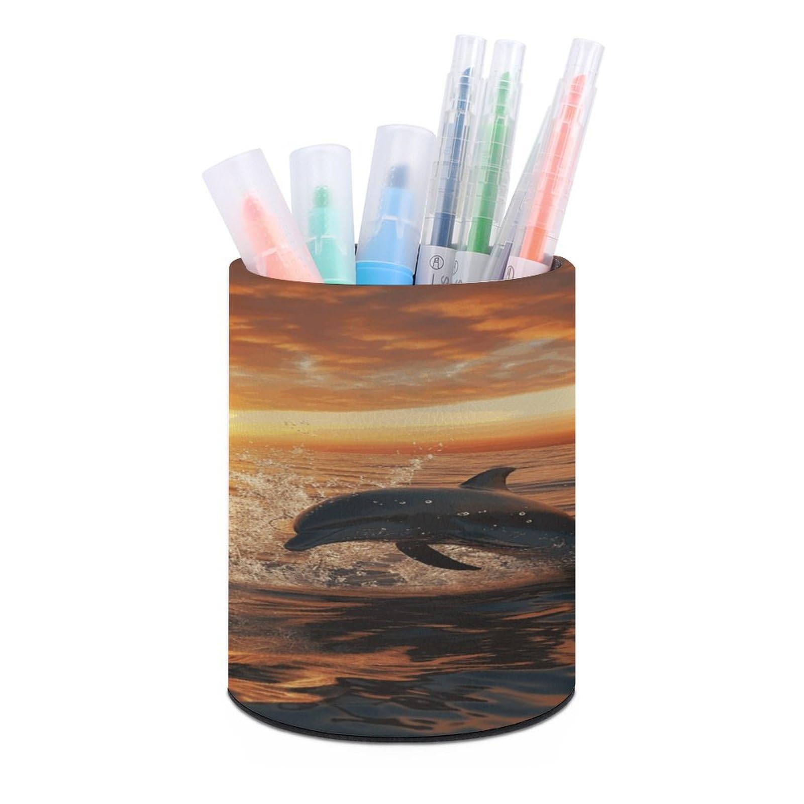 PU Leather Round Pen Holder Dolphins Jumping Out of The Water at Sunset Pencil Holder Desk Organizer Pen Organizer Pen Cup Pencil Cup Caddy Desktop Stationery Organizers for Office Home Supplies