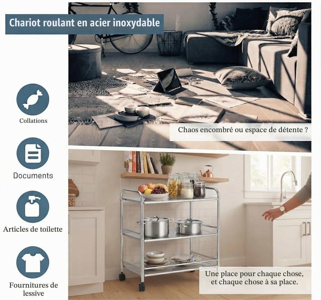 Chariot Industriel INOX - 3 Niveaux avec Roues Freinées | Étagère Métallique pour Cuisine Professionnelle