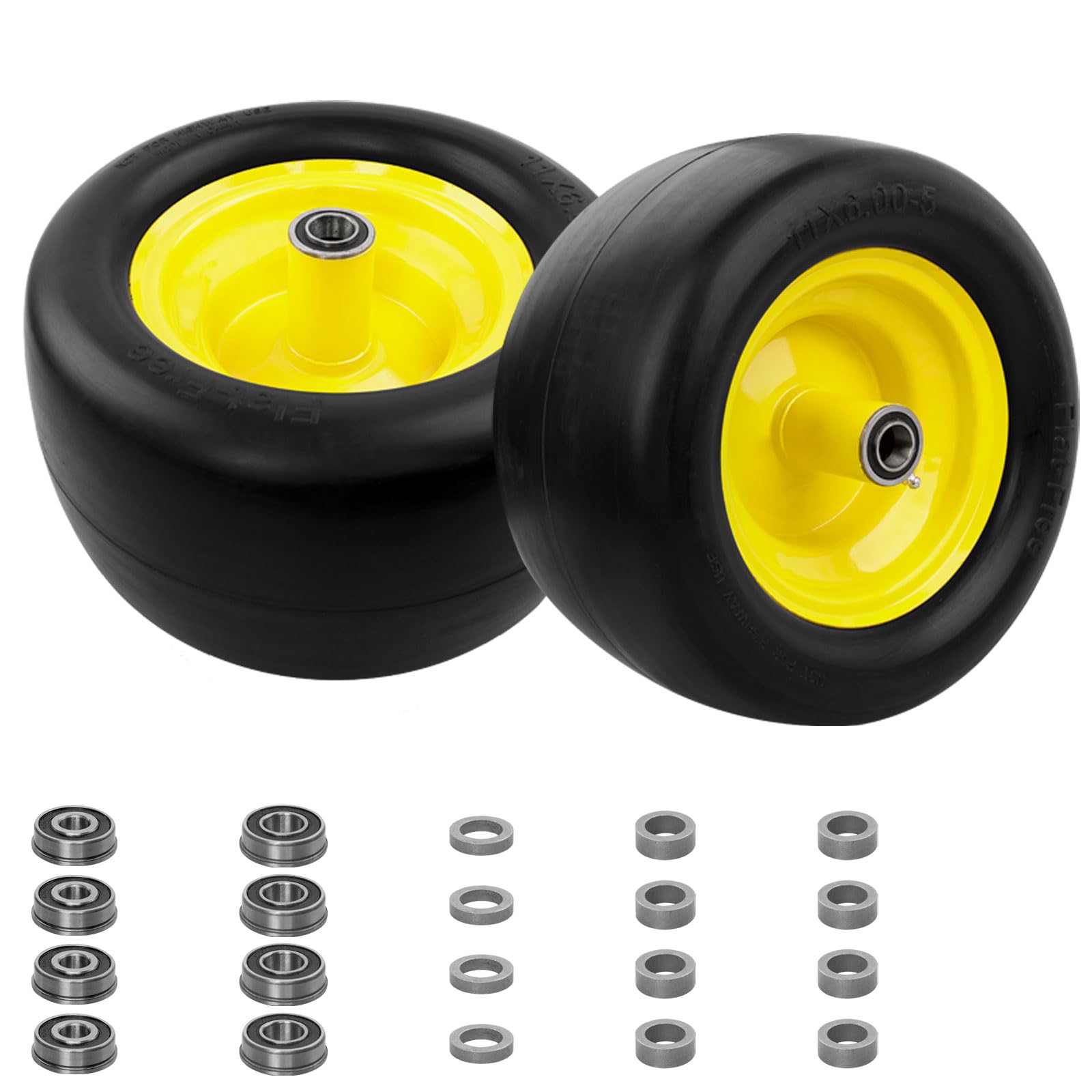 hqpasfy 11x6.00-5 flat-free lawn mower tire & wheel set of 2, zero-turn mower front tires with 1/2" & 5/8" bearings, solid smooth puncture-proof replacement for lawn mowers & zero-turn mowers, yellow