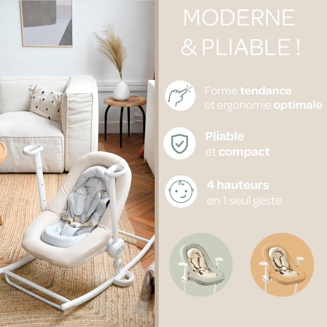 BÉABA Transat bébé Up&Down Plus 4 hauteurs 3 inclinaisons Réglable Pliable Réducteur Naissance Assise 100% Coton Harnais 5 points Greige