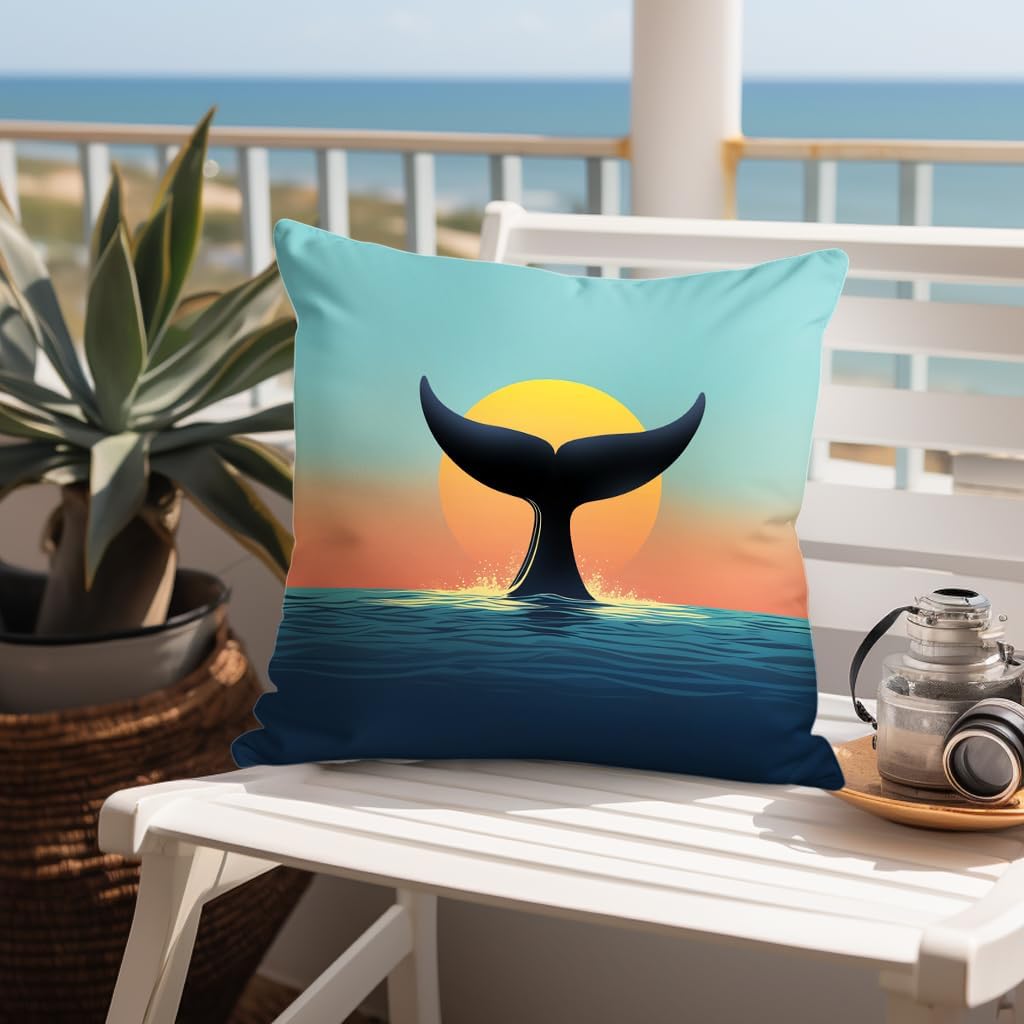 Whale Tail Sunset Pillow Cover, Double-Sided 24x24 Inch Decorative Throw Pillow Case for Living Room, Bedroom, Couch, Outdoor