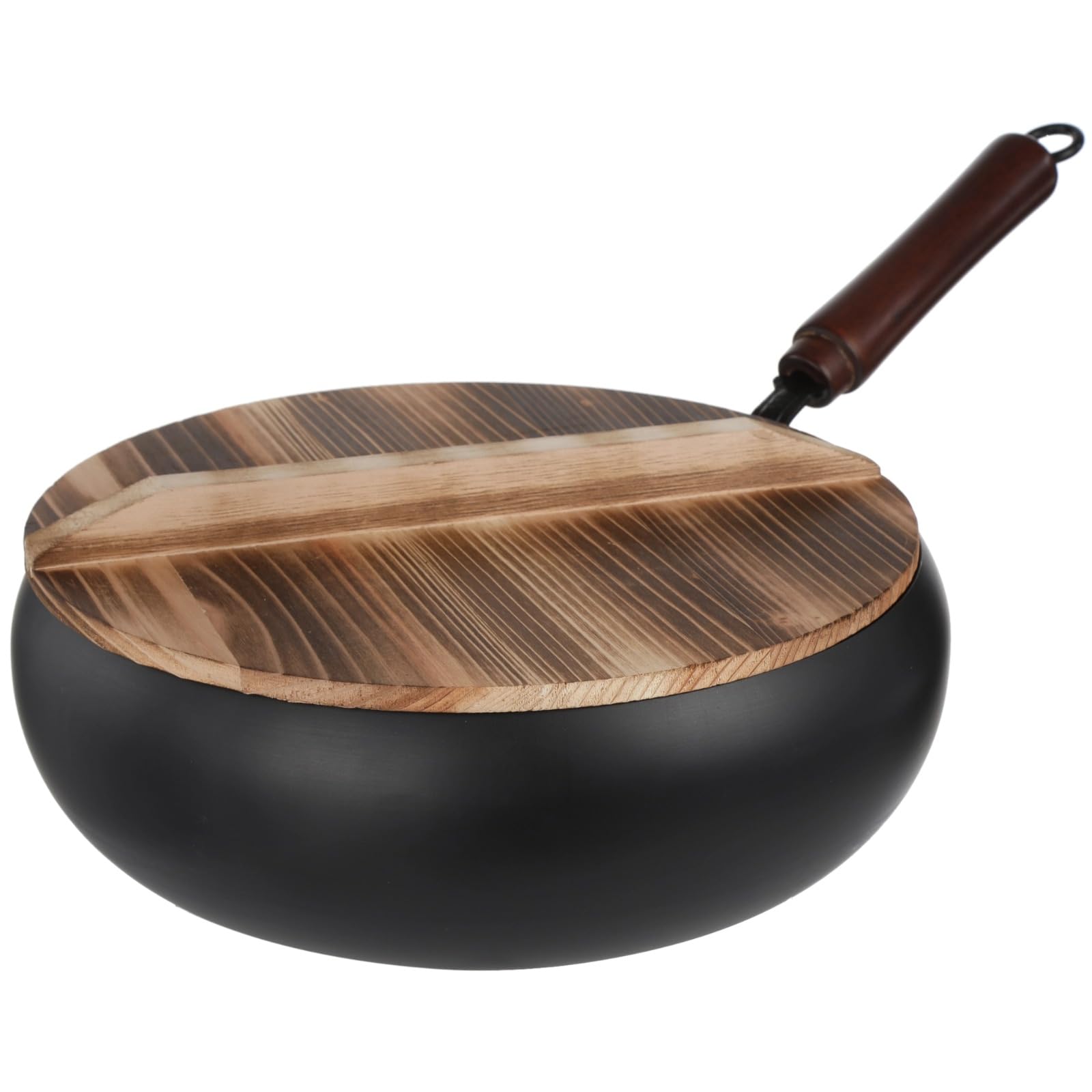 SWEWARM Chinese Handmade Cast Iron Wok with Wooden Lid and Heat-Proof Handle, 11 in Wok for All Stoves, No Coated Pan, Flat Bottom Pan, Easy Clean Cast Iron Pot for Home Cooking