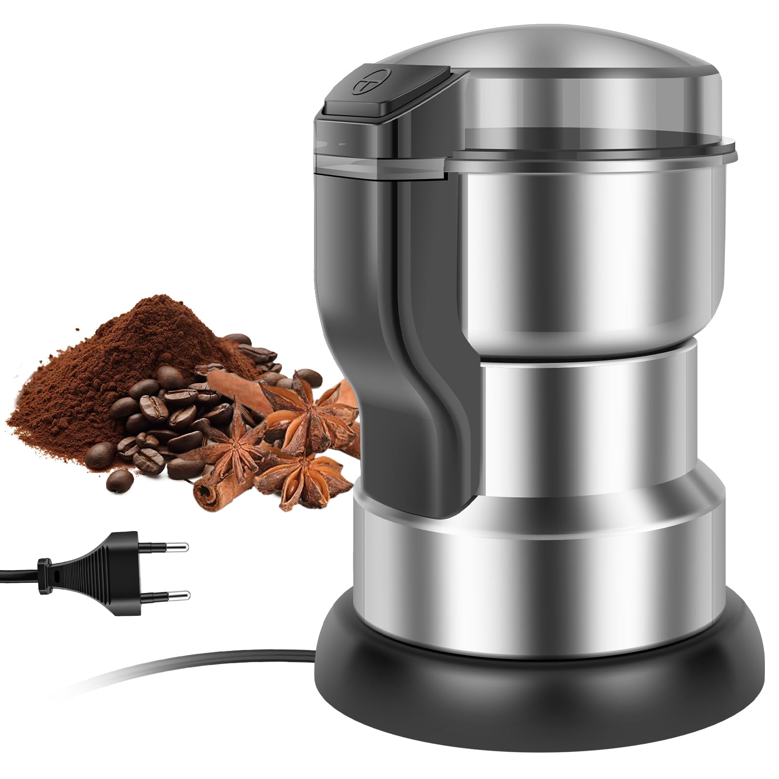 Kaffeemühle Elektrisch 300W, Gewürzmühle mit 4 Edelstahlklingen und Transparenter Deckel, Ein-Knopf-Bedienung, Tragbare Kaffeemühle für Kaffeebohnen, Nüsse, Getreide & Gewürze