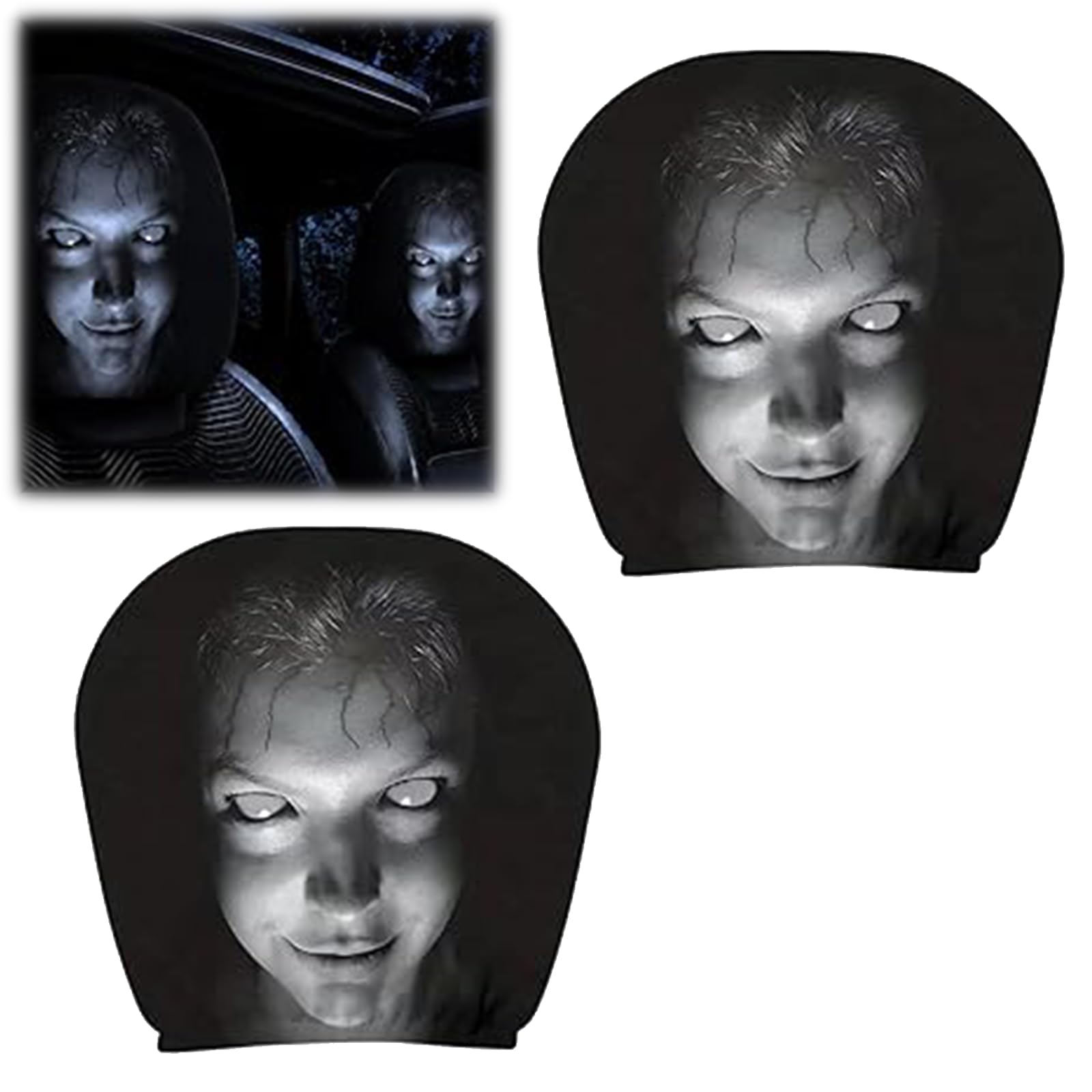 Miepkvl 2 STK Lustige Auto Kopfstützenbezüge,Ghost Face Headrest Covers, Horror Doppelseitig Bedruckt Kopfstütze Cover,Universal Elastische Atmungsaktiv Kopfstütze Cover für Autos, LKW (H)