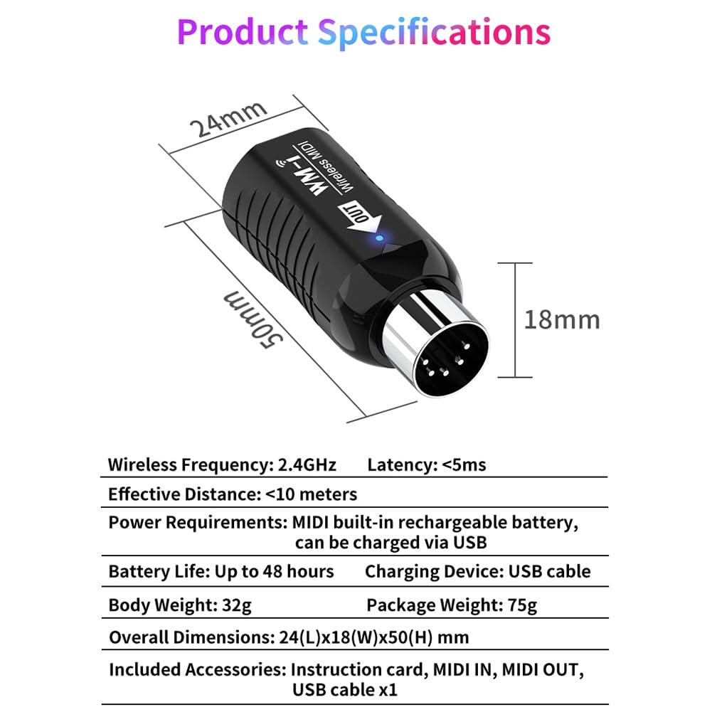 Trasmettitore Ricevitore Audio per Chitarra Wireless Midi Ricaricabile Adattatore Midi Wireless per Tastiera di Pianoforte Digitale