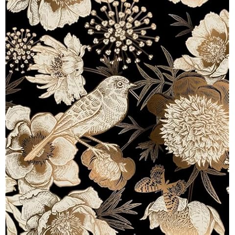ReWallpaper Vintage Black and Gold Floral Peel and stick Wallpaper Bird Wall Paper for Bathroom 17.5in×23ft Self Adhesive Flower Contact Paper for Kitchen Walls Renter Friendly Accent Wall Living Room Cover