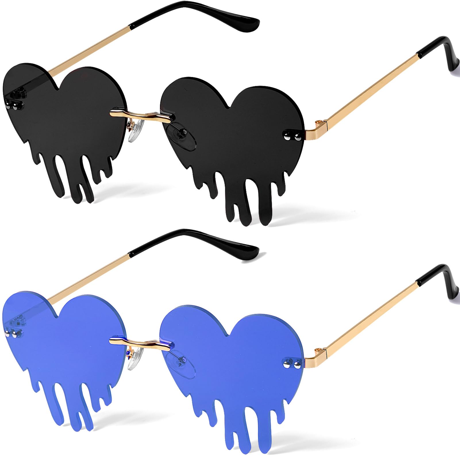 2 Pairs Drippy Heart Shaped Sunglasses Rave Festival Glasses Melting Heart Drip Sunglasses for Women and Men