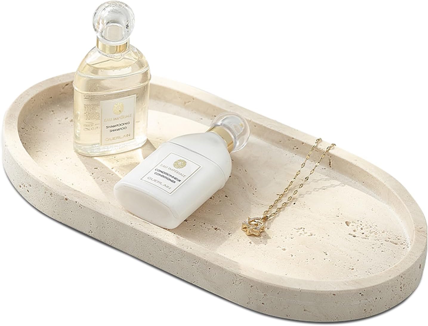 Natural Travertine Tray, Vanity Trays for Bathroom Countertop Organizer, Marble Decor Tray for Kitchen Counter (Beige, 9.8")