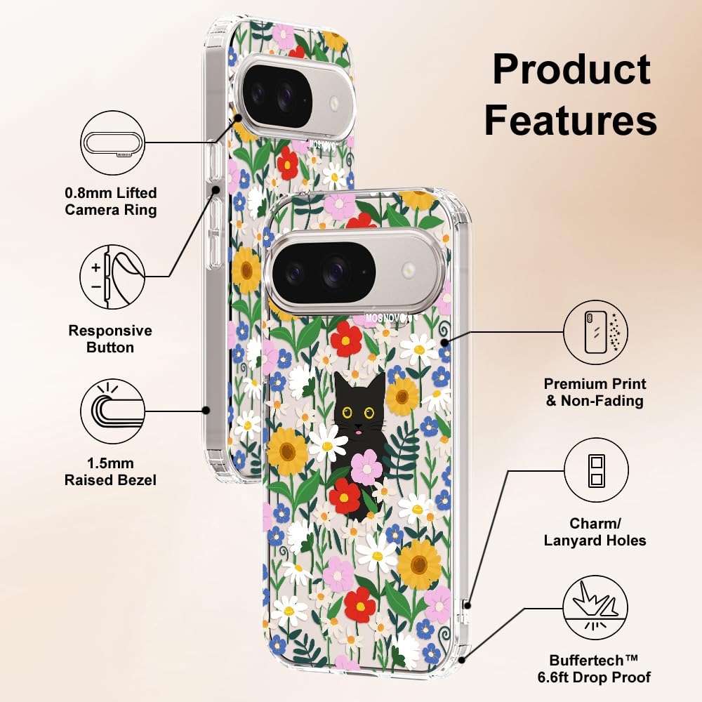 MOSNOVO Case for Google Pixel 9 & Pixel 9 Pro, [Buffertech 6.6ft Military-Grade Drop Protection] [Anti Peel Off Tech] Clear TPU Bumper Phone Case Cover Design - Black Cat in Garden — view 7