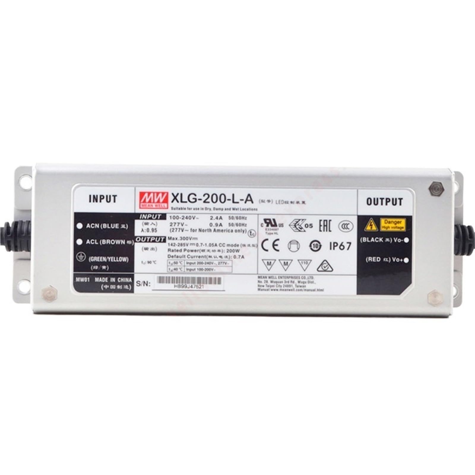 XLG-200-L-A IP67， 142-285V/700-1050mA/200W Constant Power LED Driver