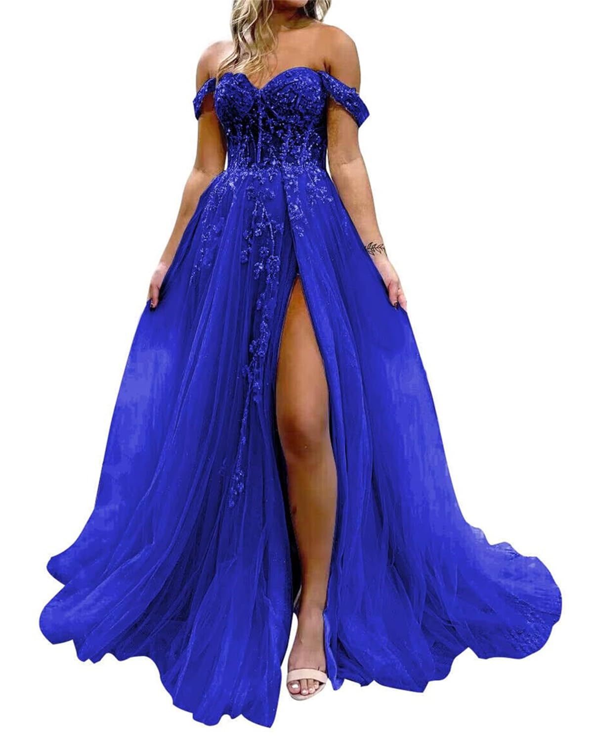 Hppee Women's Royal Blue Prom Dresses For Teens With Slit Lace Applique Tulle Formal Evening Dress A Line Corset Ball Gown Uk8