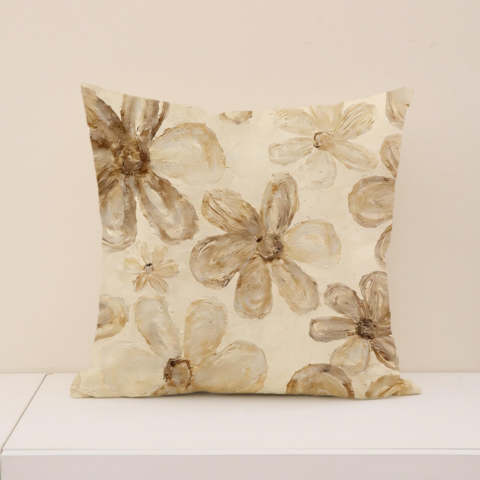 Cushion Covers 60cm x 60cm Beige Flower Large cushions with covers included - Linen Square Decorative Throw Pillowcases with Invisible Zipper, for Livingroom Sofa Bedroom