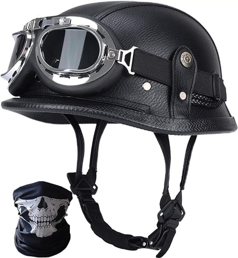 Vintage Deutsche Motorrad Halbhelme Halbschalenhelm mit DOT/ECE, Jethelm Retro, Chopperhelm, Retro Motorradhelm, Rollerhelm, Offener Helm, mit Sonnenbrille, Schnellverschluss E,L=59-60cm