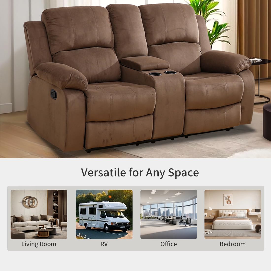 Toseslo Manual Recliner Loveseat Set, Living Room Furniture Sets, 2 Seater Modern Reclining Couches, Brown Corduroy Reclining Couch Sets with Storage Console/Cup Holder for Living Room/Apartment view 6
