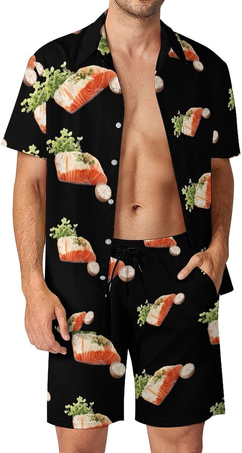 Salmon Garlic Summer Mens Vacation Outfits Beach Shirts Shorts Matching Set